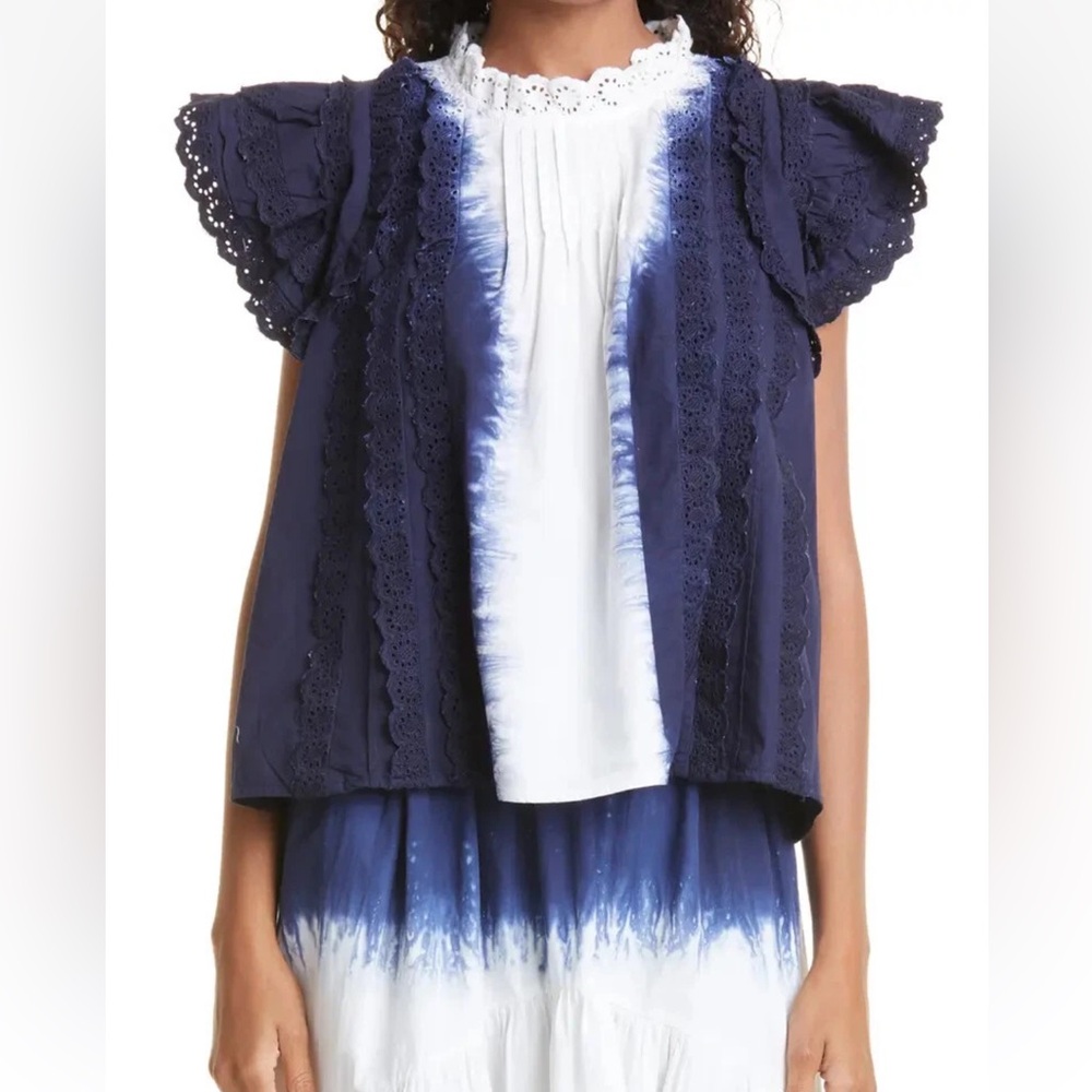 SEA New York "Evelyn" cotton tie dye blouse top XS blue white eylet lace ruffles